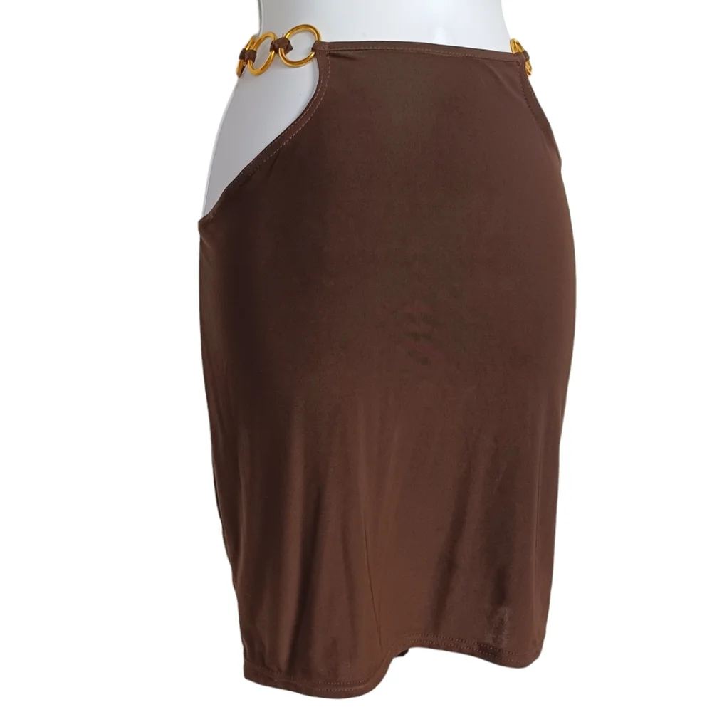 PRETTY LITTLE THING Brown Slinky Gold Ring Cut Out Waist Mini Skirt 10 M NWT
